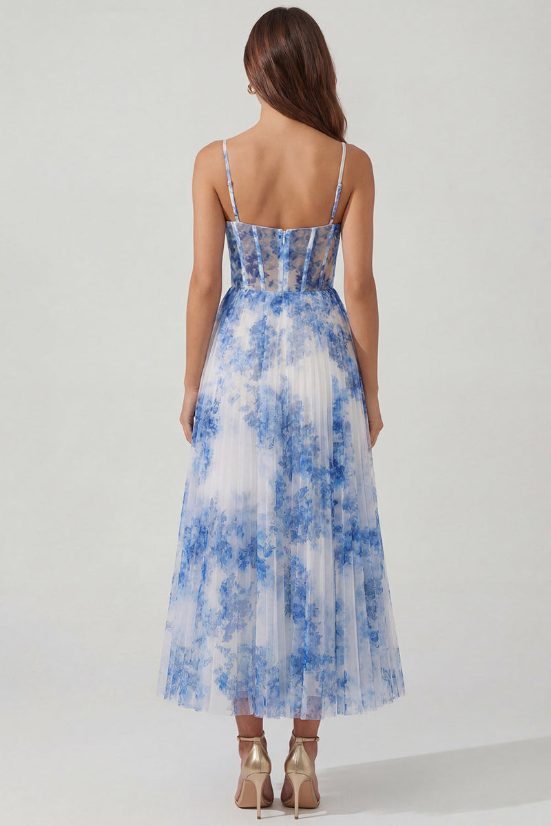 Laden Sie das Bild in den Galerie-Viewer, Weißblaues Blumen Tüll A-Linie Korsett Spaghettiträger Midi Kleid