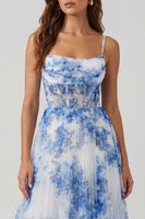 Laden Sie das Bild in den Galerie-Viewer, Weißblaues Blumen Tüll A-Linie Korsett Spaghettiträger Midi Kleid