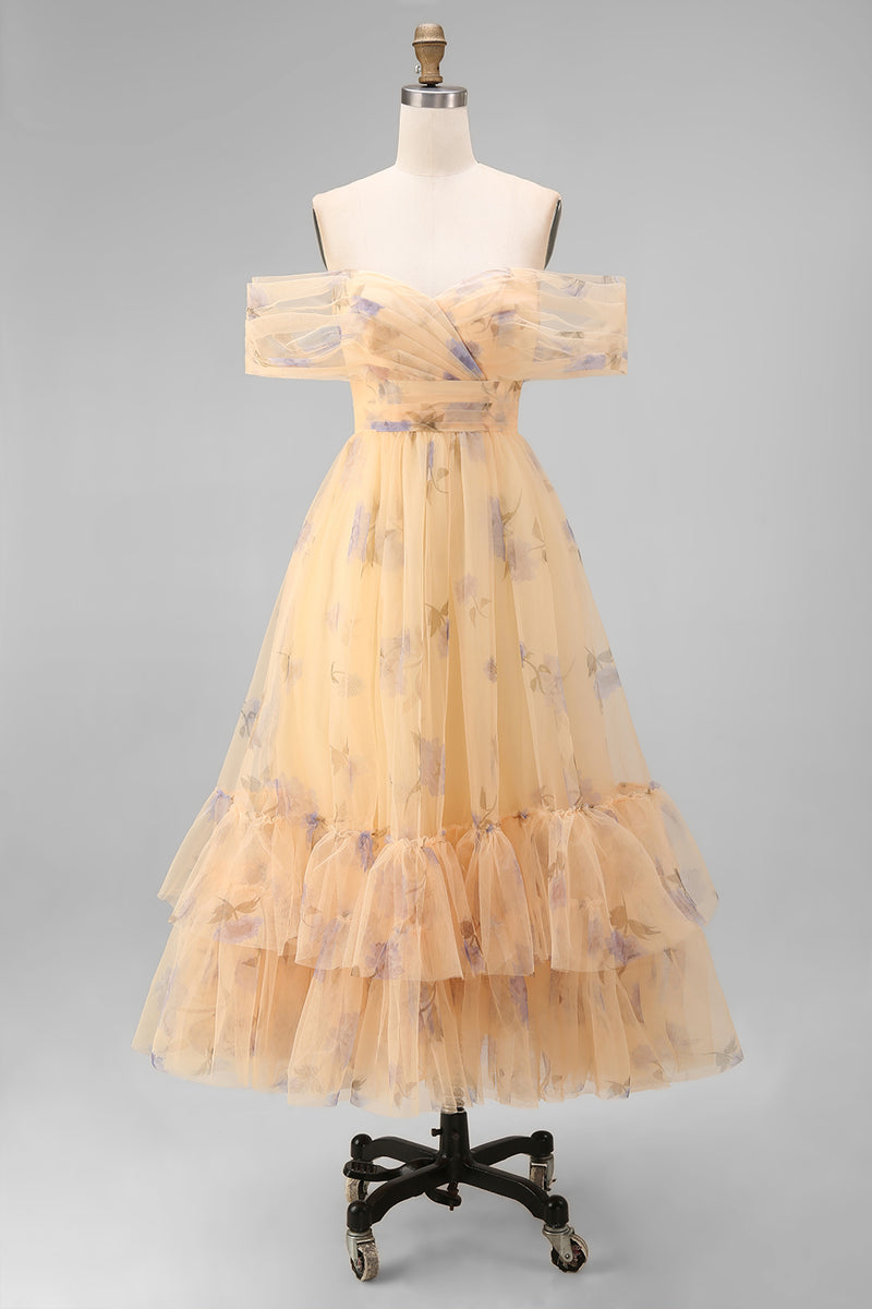 Laden Sie das Bild in den Galerie-Viewer, Gelbes Schulterfreies Tüll Midikleid mit Rüschen