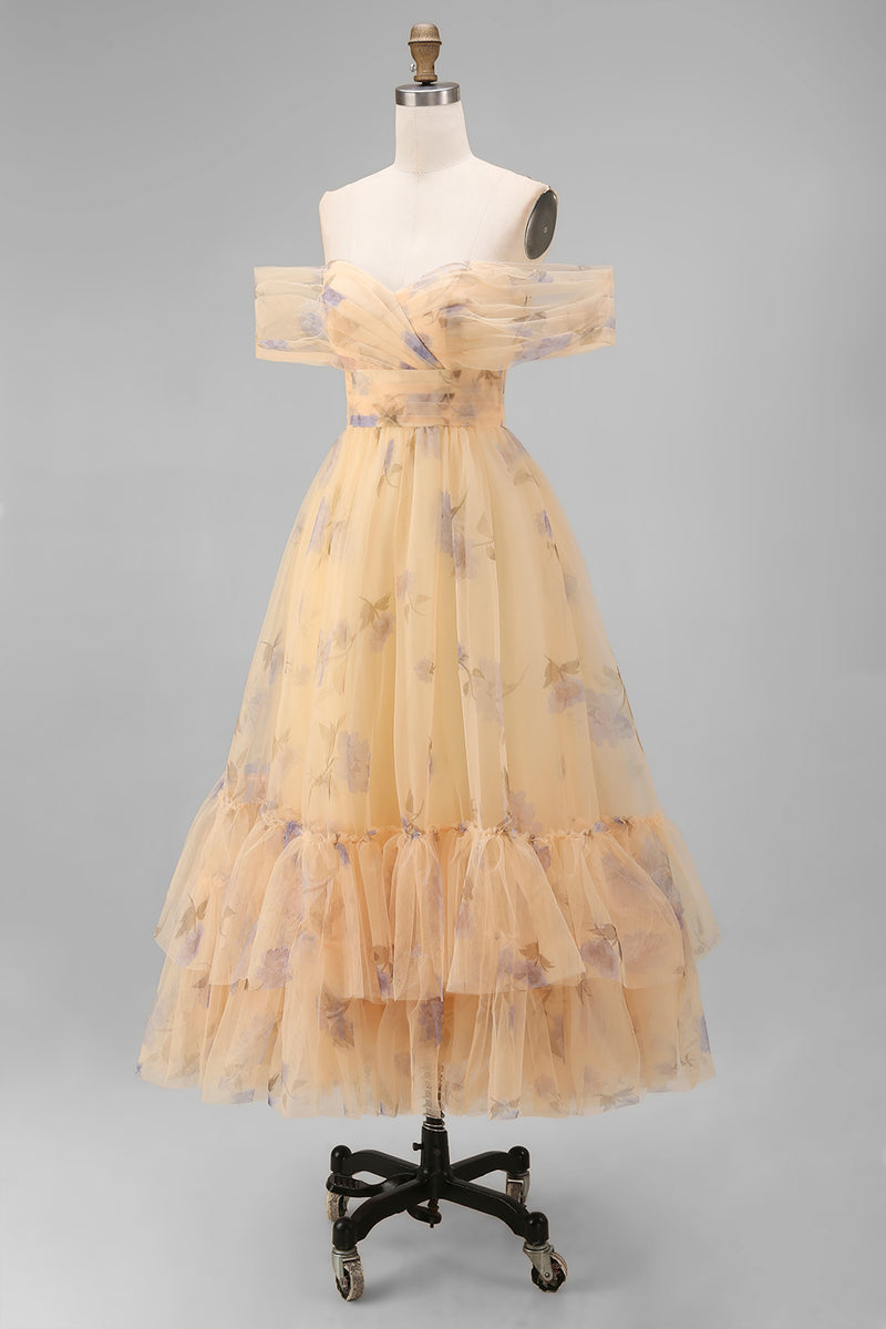 Laden Sie das Bild in den Galerie-Viewer, Gelbes Schulterfreies Tüll Midikleid mit Rüschen