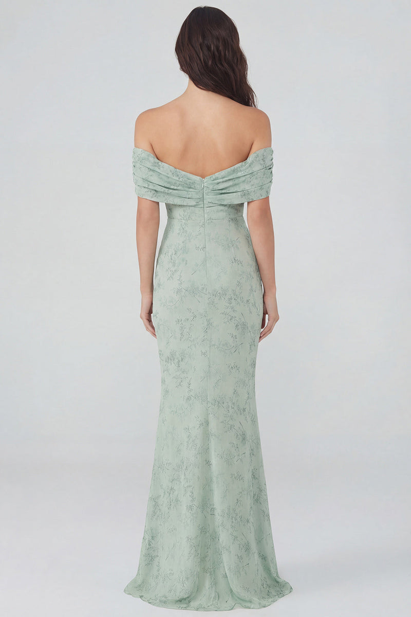 Laden Sie das Bild in den Galerie-Viewer, Staubiges Salbei Muster Schulterfreies Chiffon Midi Kleid