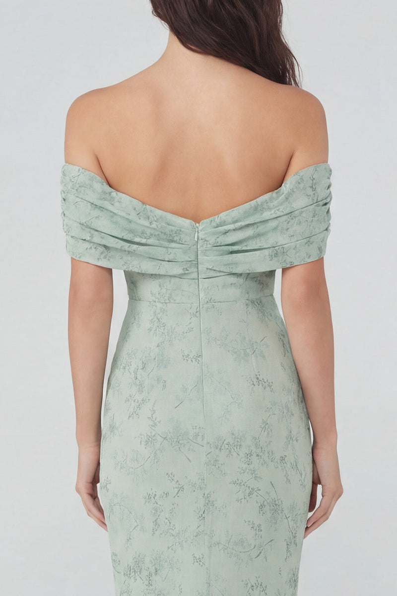 Laden Sie das Bild in den Galerie-Viewer, Staubiges Salbei Muster Schulterfreies Chiffon Midi Kleid