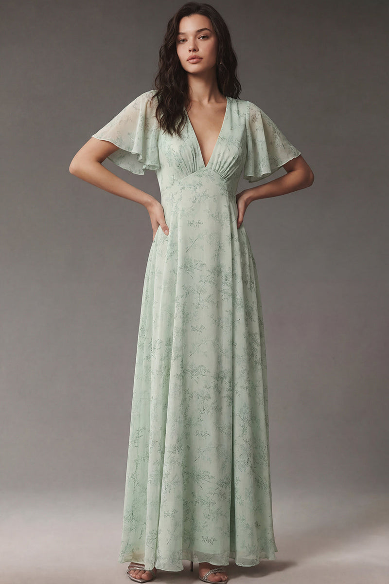 Laden Sie das Bild in den Galerie-Viewer, Dusty Sage V-Ausschnitt Chiffon A-Linie Midi Kleid mit kurzen Ärmeln