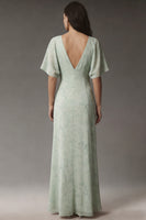 Laden Sie das Bild in den Galerie-Viewer, Dusty Sage V-Ausschnitt Chiffon A-Linie Midi Kleid mit kurzen Ärmeln