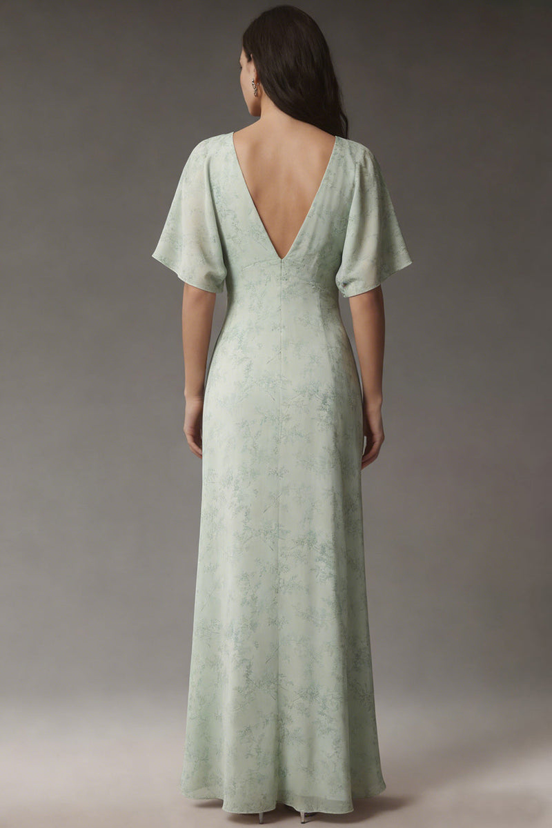 Laden Sie das Bild in den Galerie-Viewer, Dusty Sage V-Ausschnitt Chiffon A-Linie Midi Kleid mit kurzen Ärmeln