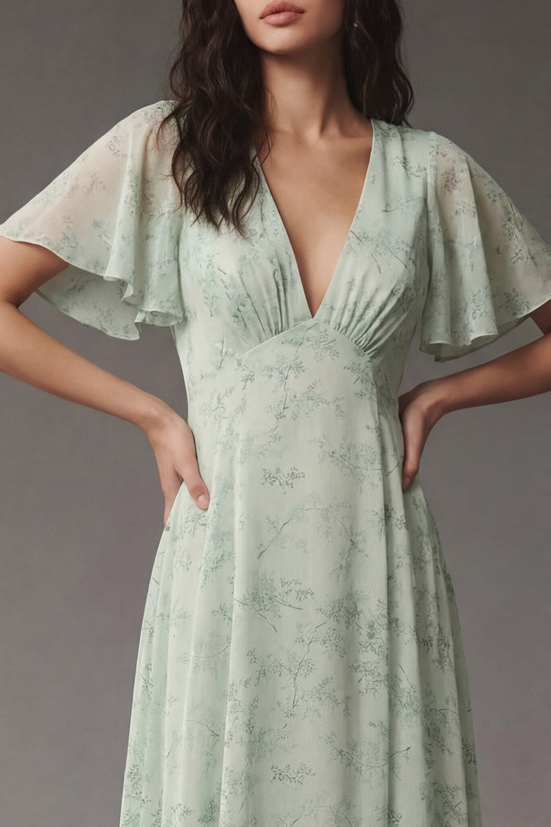 Laden Sie das Bild in den Galerie-Viewer, Dusty Sage V-Ausschnitt Chiffon A-Linie Midi Kleid mit kurzen Ärmeln