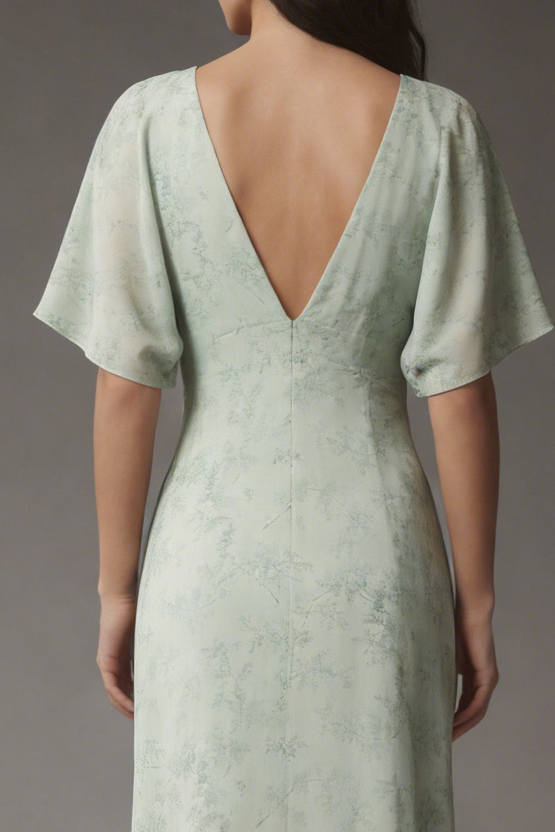 Laden Sie das Bild in den Galerie-Viewer, Dusty Sage V-Ausschnitt Chiffon A-Linie Midi Kleid mit kurzen Ärmeln