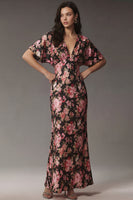 Laden Sie das Bild in den Galerie-Viewer, Schwarzes Rosa Blummen V-Ausschnitt Satin Midi Kleid mit kurzen Ärmeln