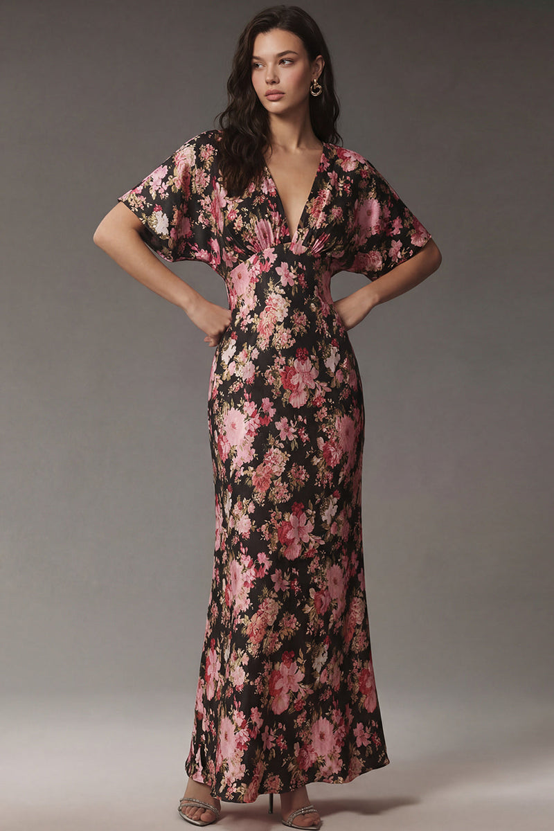 Laden Sie das Bild in den Galerie-Viewer, Schwarzes Rosa Blummen V-Ausschnitt Satin Midi Kleid mit kurzen Ärmeln