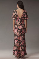 Laden Sie das Bild in den Galerie-Viewer, Schwarzes Rosa Blummen V-Ausschnitt Satin Midi Kleid mit kurzen Ärmeln