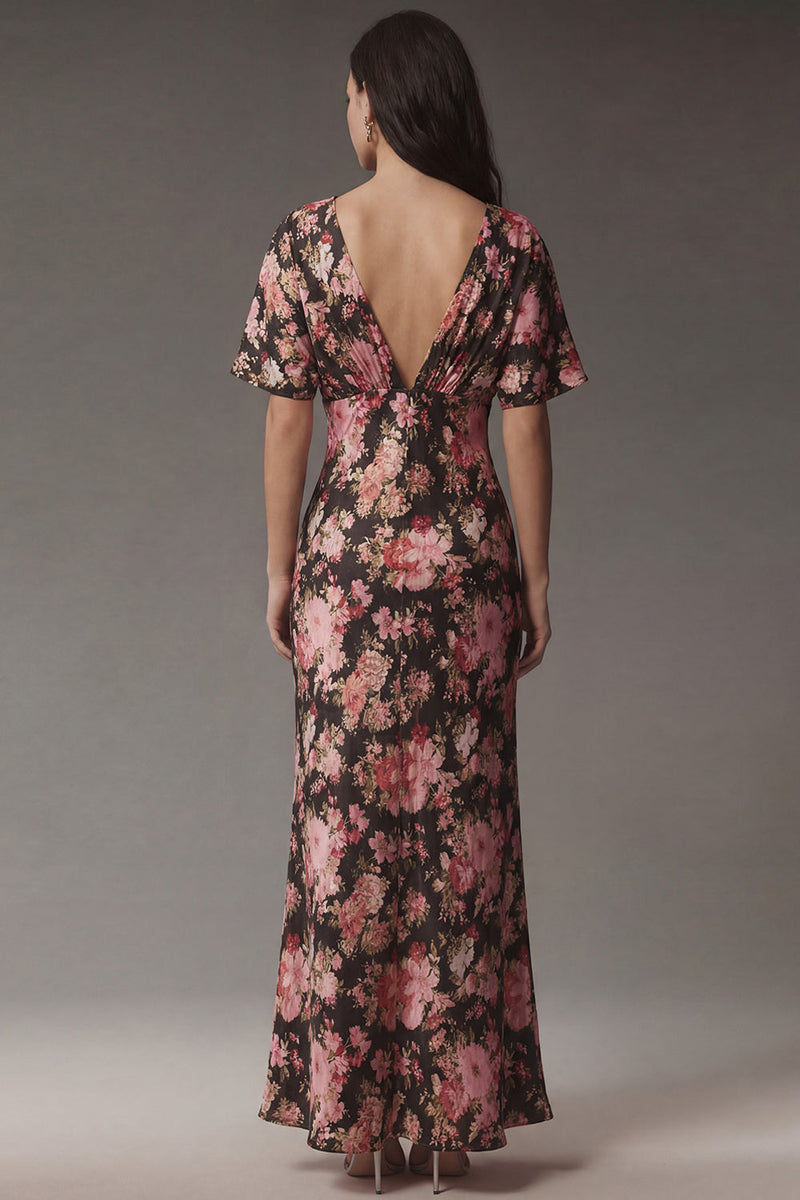 Laden Sie das Bild in den Galerie-Viewer, Schwarzes Rosa Blummen V-Ausschnitt Satin Midi Kleid mit kurzen Ärmeln