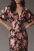 Laden Sie das Bild in den Galerie-Viewer, Schwarzes Rosa Blummen V-Ausschnitt Satin Midi Kleid mit kurzen Ärmeln