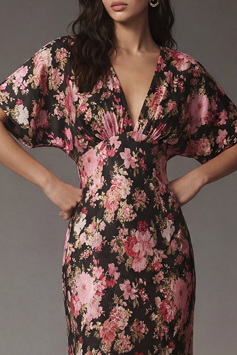 Laden Sie das Bild in den Galerie-Viewer, Schwarzes Rosa Blummen V-Ausschnitt Satin Midi Kleid mit kurzen Ärmeln