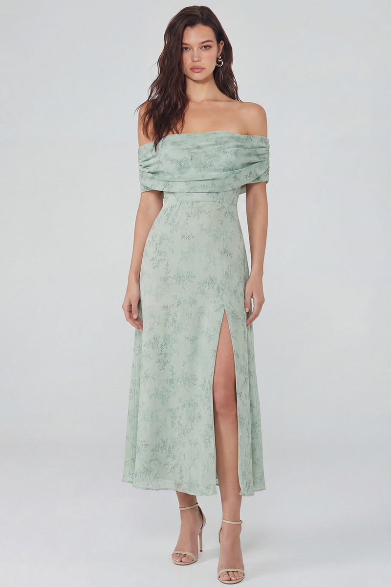 Laden Sie das Bild in den Galerie-Viewer, Staubiges Salbei Bedrucktes Chiffon A-Linie Schulterfreies Midi Kleid mit Schlitz