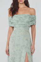 Laden Sie das Bild in den Galerie-Viewer, Staubiges Salbei Bedrucktes Chiffon A-Linie Schulterfreies Midi Kleid mit Schlitz