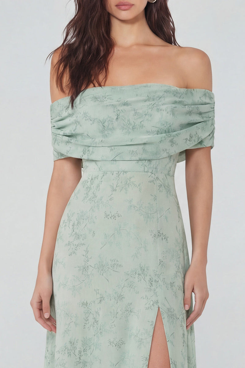 Laden Sie das Bild in den Galerie-Viewer, Staubiges Salbei Bedrucktes Chiffon A-Linie Schulterfreies Midi Kleid mit Schlitz