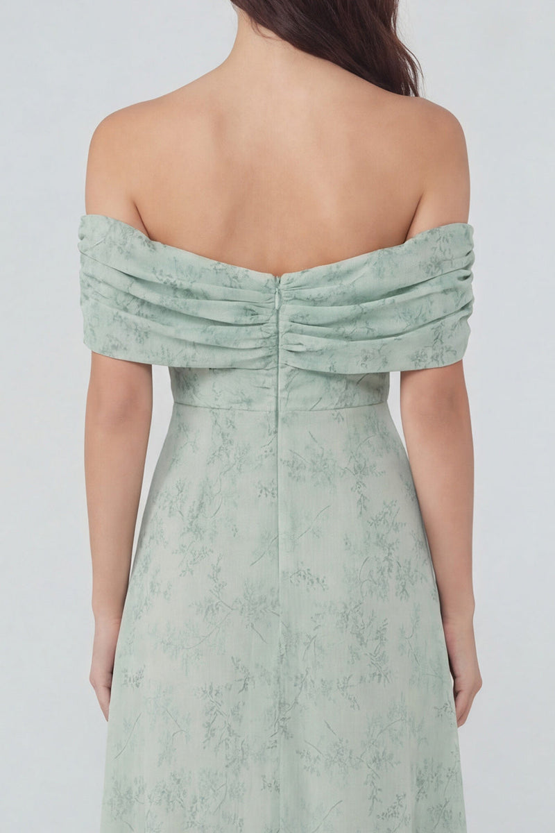 Laden Sie das Bild in den Galerie-Viewer, Staubiges Salbei Bedrucktes Chiffon A-Linie Schulterfreies Midi Kleid mit Schlitz