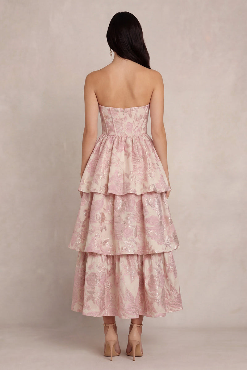Laden Sie das Bild in den Galerie-Viewer, Blush Blumen Jacquard Korsett Trägerloses Satin Midi Kleid