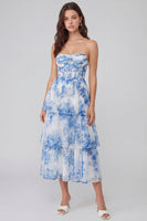 Laden Sie das Bild in den Galerie-Viewer, Weiß-blaues Blumen Tüll A-Linie Korsett Trägerloses Gestuftes Midi Kleid