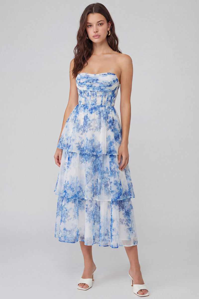 Laden Sie das Bild in den Galerie-Viewer, Weiß-blaues Blumen Tüll A-Linie Korsett Trägerloses Gestuftes Midi Kleid