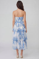 Laden Sie das Bild in den Galerie-Viewer, Weiß-blaues Blumen Tüll A-Linie Korsett Trägerloses Gestuftes Midi Kleid