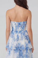 Laden Sie das Bild in den Galerie-Viewer, Weiß-blaues Blumen Tüll A-Linie Korsett Trägerloses Gestuftes Midi Kleid