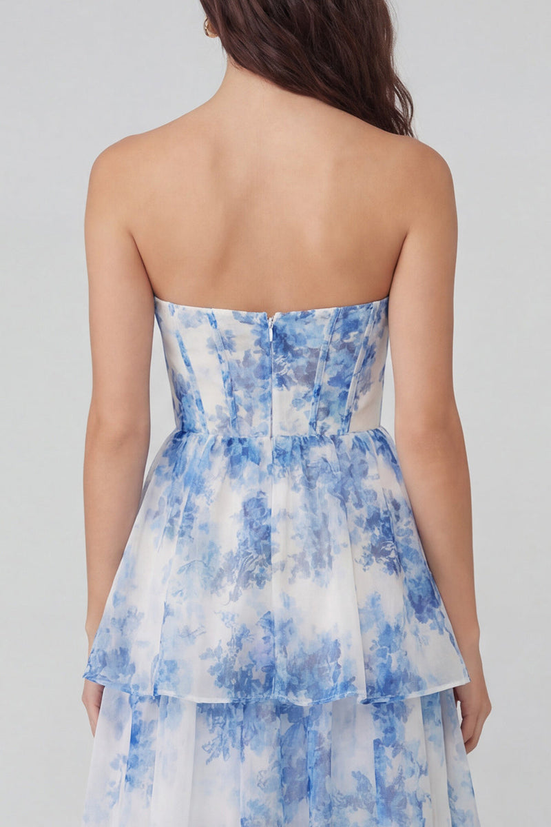 Laden Sie das Bild in den Galerie-Viewer, Weiß-blaues Blumen Tüll A-Linie Korsett Trägerloses Gestuftes Midi Kleid