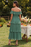 Laden Sie das Bild in den Galerie-Viewer, Eukalyptus Chiffon Schulterfreies A-Linie Midi -Kleid mit Plissee