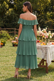 Eukalyptus Chiffon Schulterfreies A-Linie Midi -Kleid mit Plissee