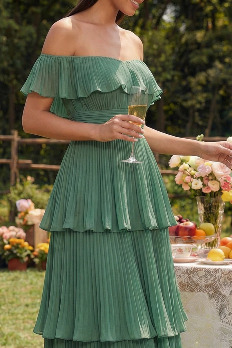 Laden Sie das Bild in den Galerie-Viewer, Eukalyptus Chiffon Schulterfreies A-Linie Midi -Kleid mit Plissee