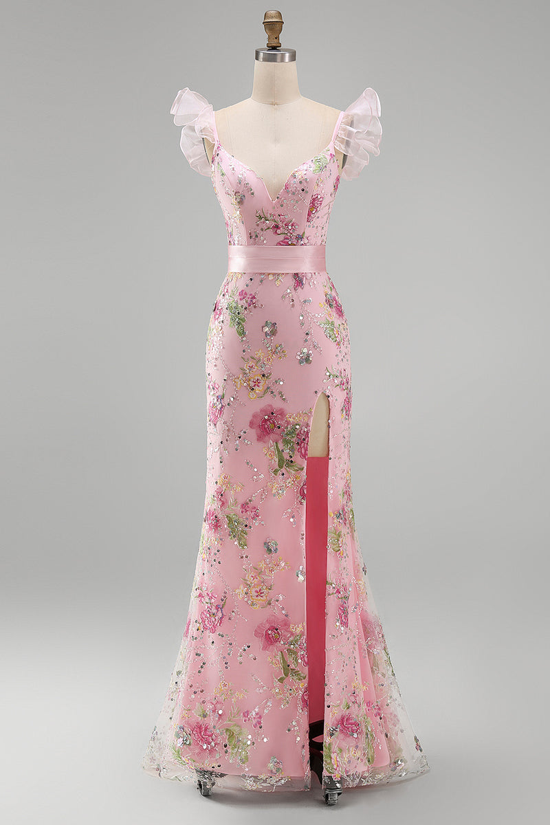 Laden Sie das Bild in den Galerie-Viewer, Rosa Meerjungfrauen Pailletten V-Ausschnitt Langes Ballkleid mit Schlitz