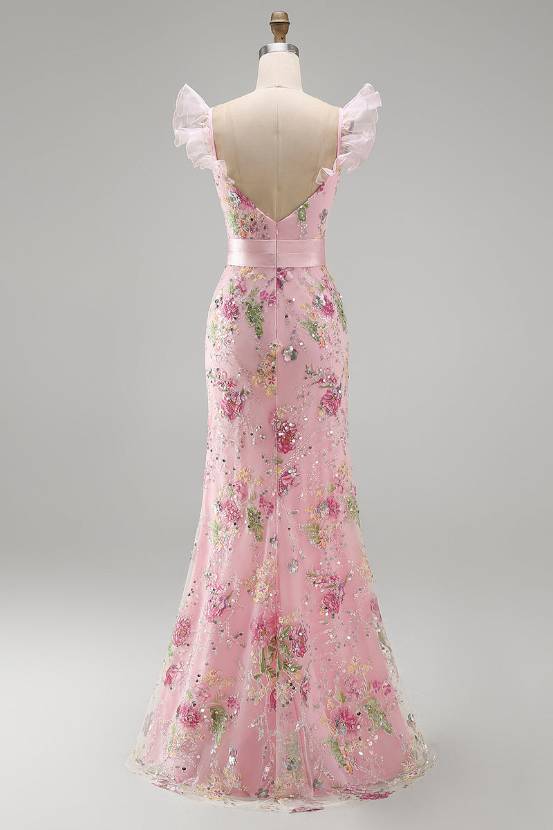 Laden Sie das Bild in den Galerie-Viewer, Rosa Meerjungfrauen Pailletten V-Ausschnitt Langes Ballkleid mit Schlitz