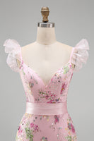Laden Sie das Bild in den Galerie-Viewer, Rosa Meerjungfrauen Pailletten V-Ausschnitt Langes Ballkleid mit Schlitz