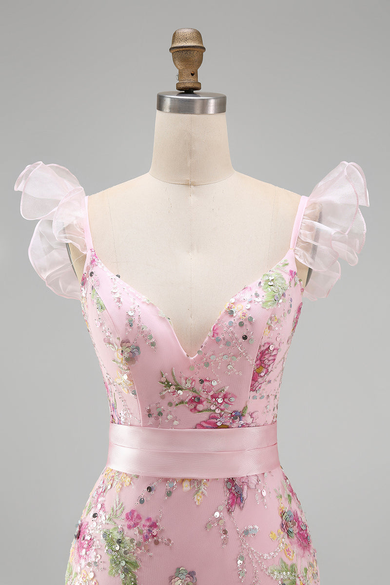 Laden Sie das Bild in den Galerie-Viewer, Rosa Meerjungfrauen Pailletten V-Ausschnitt Langes Ballkleid mit Schlitz