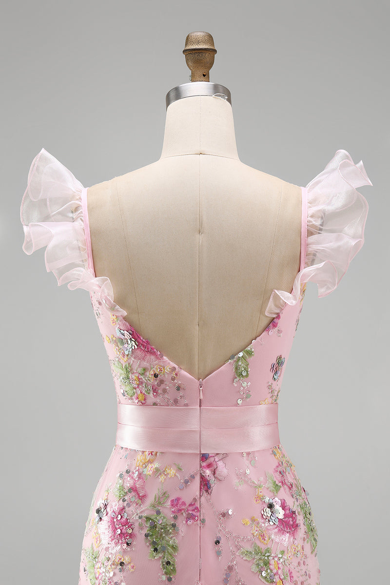 Laden Sie das Bild in den Galerie-Viewer, Rosa Meerjungfrauen Pailletten V-Ausschnitt Langes Ballkleid mit Schlitz