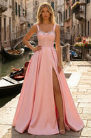 Laden Sie das Bild in den Galerie-Viewer, Rosa Korsett Langes A-Linie Satin Ballkleid mit Perlen und Schlitz