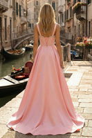 Laden Sie das Bild in den Galerie-Viewer, Rosa Korsett Langes A-Linie Satin Ballkleid mit Perlen und Schlitz