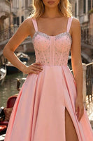 Laden Sie das Bild in den Galerie-Viewer, Rosa Korsett Langes A-Linie Satin Ballkleid mit Perlen und Schlitz