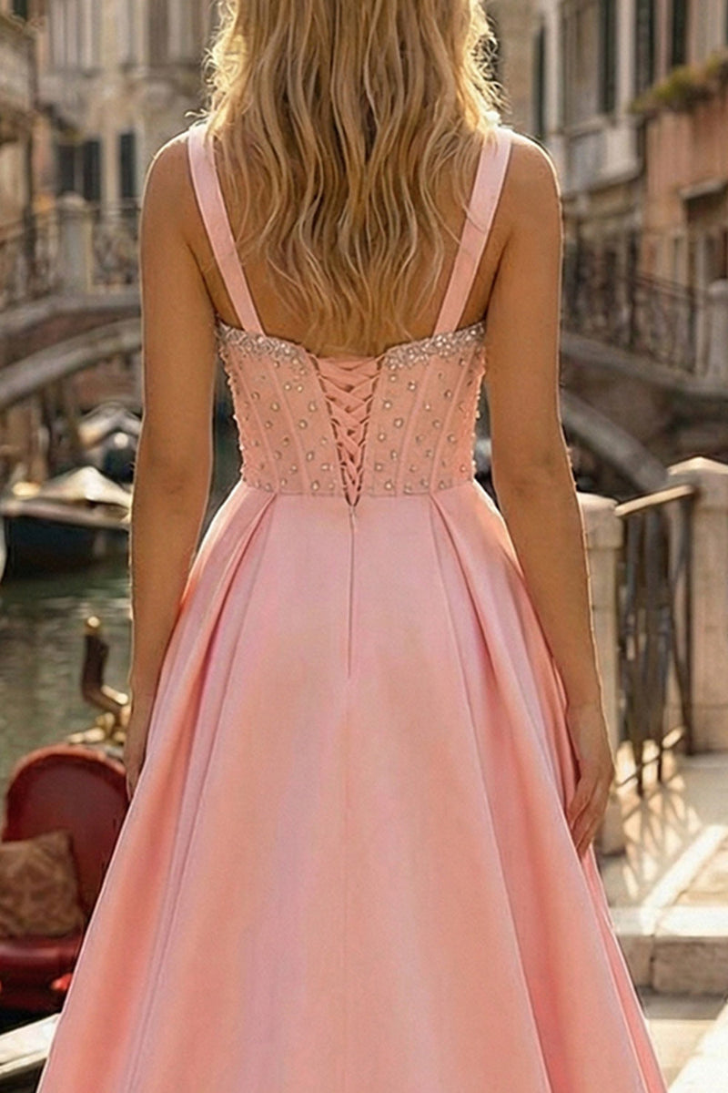 Laden Sie das Bild in den Galerie-Viewer, Rosa Korsett Langes A-Linie Satin Ballkleid mit Perlen und Schlitz