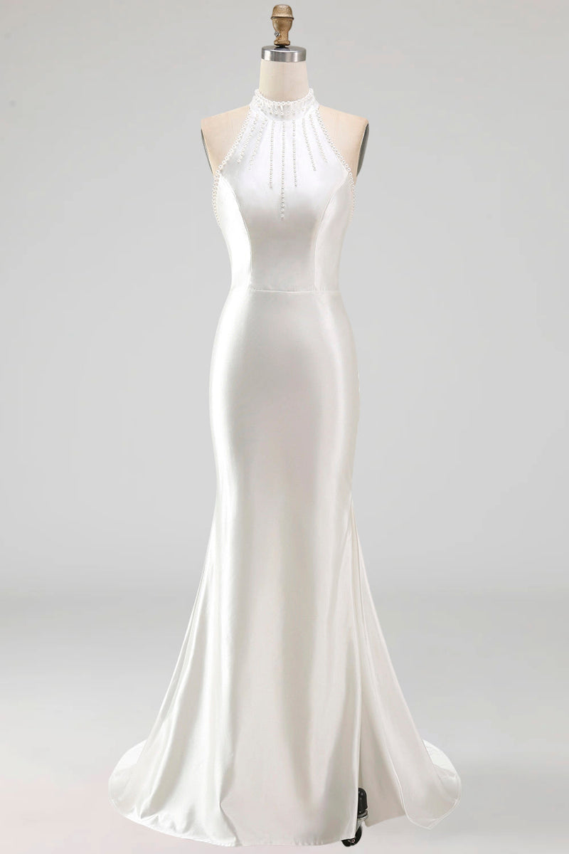 Laden Sie das Bild in den Galerie-Viewer, Elfenbein-Perlen-Meerjungfrauen-Satin-Hochzeitskleid mit Sweep-Schleppe