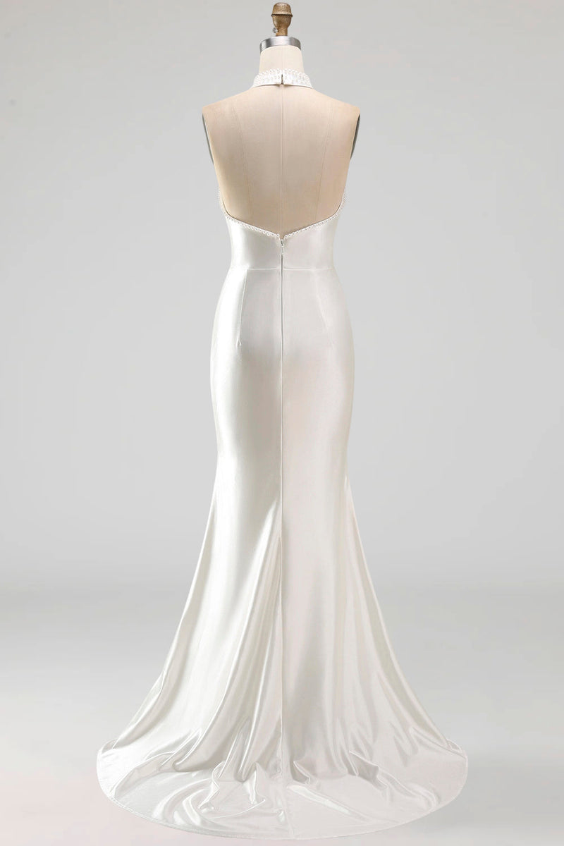 Laden Sie das Bild in den Galerie-Viewer, Elfenbein-Perlen-Meerjungfrauen-Satin-Hochzeitskleid mit Sweep-Schleppe