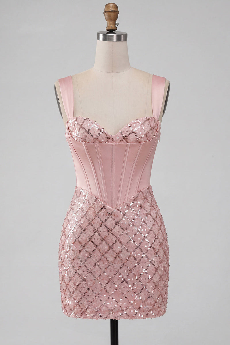Laden Sie das Bild in den Galerie-Viewer, Pinkes, dicke Träger Korsett, Bodycon Homecoming-Kleid mit Pailletten