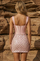 Laden Sie das Bild in den Galerie-Viewer, Pinkes, dicke Träger Korsett, Bodycon Homecoming-Kleid mit Pailletten
