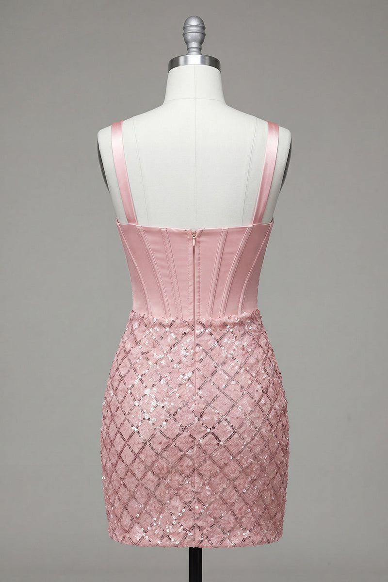 Laden Sie das Bild in den Galerie-Viewer, Pinkes, dicke Träger Korsett, Bodycon Homecoming-Kleid mit Pailletten