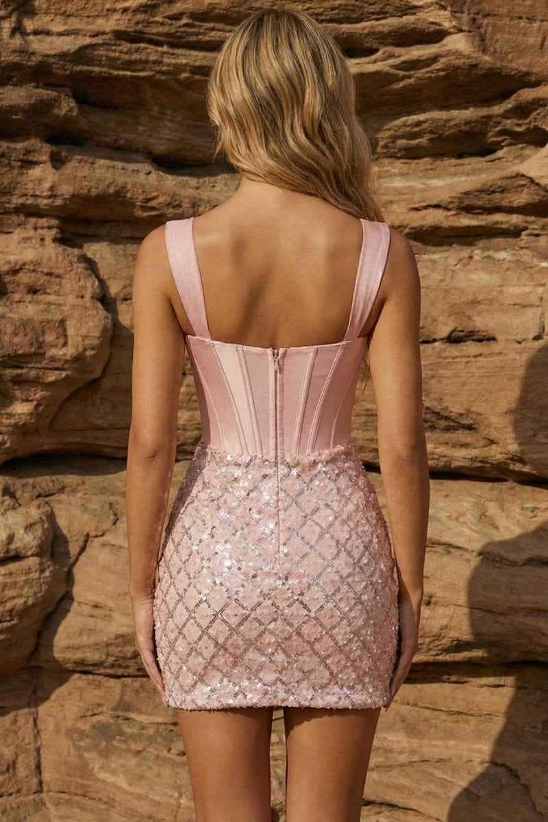 Laden Sie das Bild in den Galerie-Viewer, Pinkes, dicke Träger Korsett, Bodycon Homecoming-Kleid mit Pailletten
