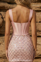 Laden Sie das Bild in den Galerie-Viewer, Pinkes, dicke Träger Korsett, Bodycon Homecoming-Kleid mit Pailletten