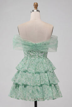 Hellgrünes, schulterfreies, gestuftes A-Linien-Blumen-Homecoming-Kleid