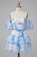 Laden Sie das Bild in den Galerie-Viewer, A-Linie blaues, schulterloses, gestuftes, florales Homecoming-Kleid