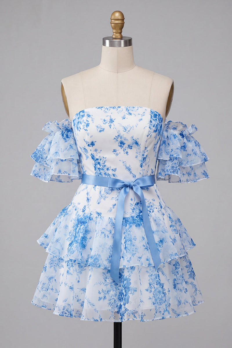Laden Sie das Bild in den Galerie-Viewer, A-Linie blaues, schulterloses, gestuftes, florales Homecoming-Kleid
