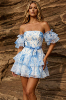 Laden Sie das Bild in den Galerie-Viewer, A-Linie blaues, schulterloses, gestuftes, florales Homecoming-Kleid